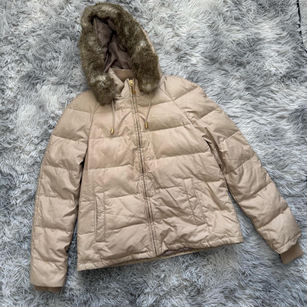 Juicy Couture Beige Tan Gold Puffer Faux Fur Hood S Y2K